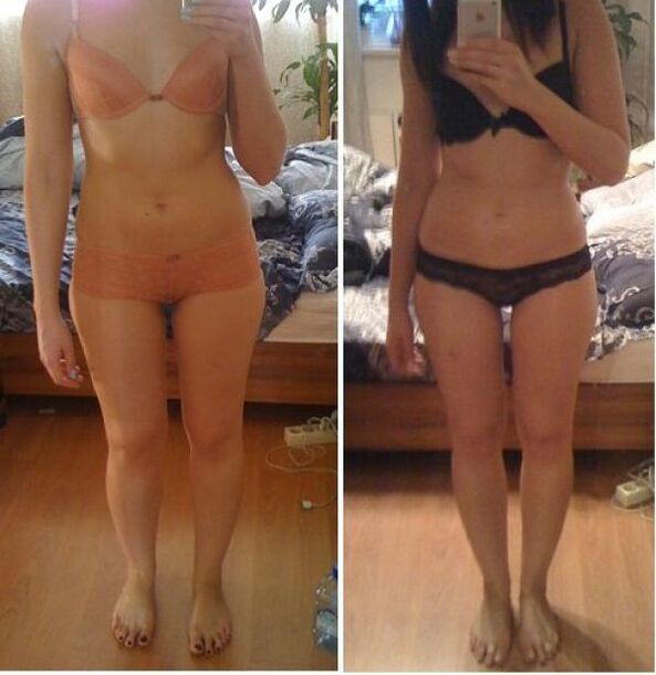 Meitene pirms un pēc svara zaudēšanas pēc japāņu diētas 14 dienu laikā
